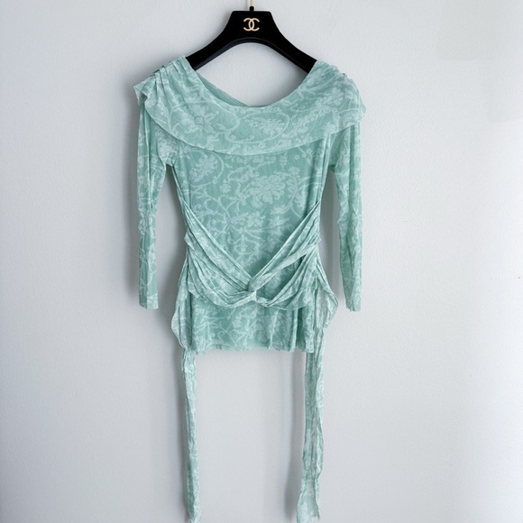 Vtg Anthropologie Moth mesh twist front tie floral top mint green size medium - Picture 1 of 5